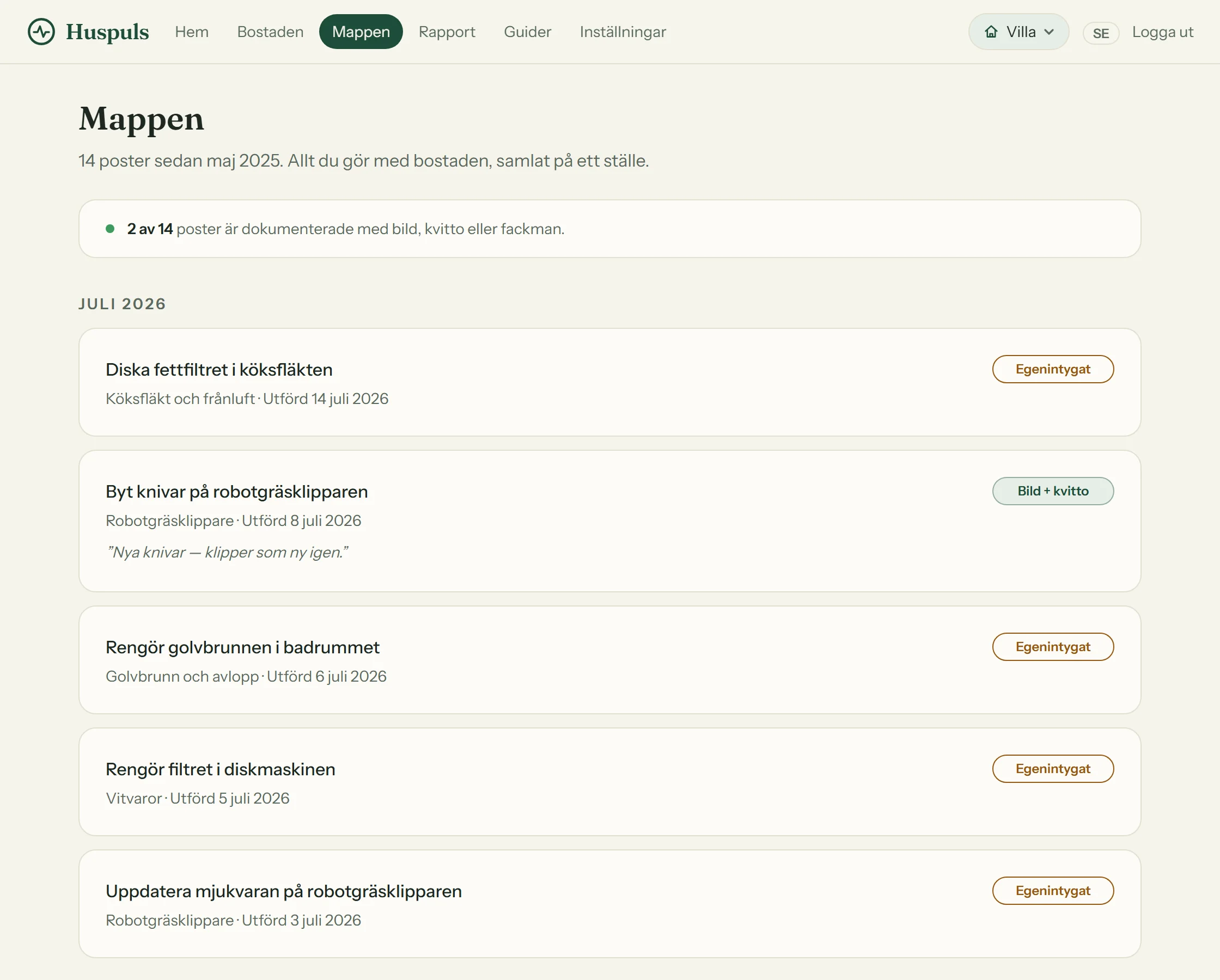 Mappen i Huspuls med loggförda och dokumenterade uppgifter