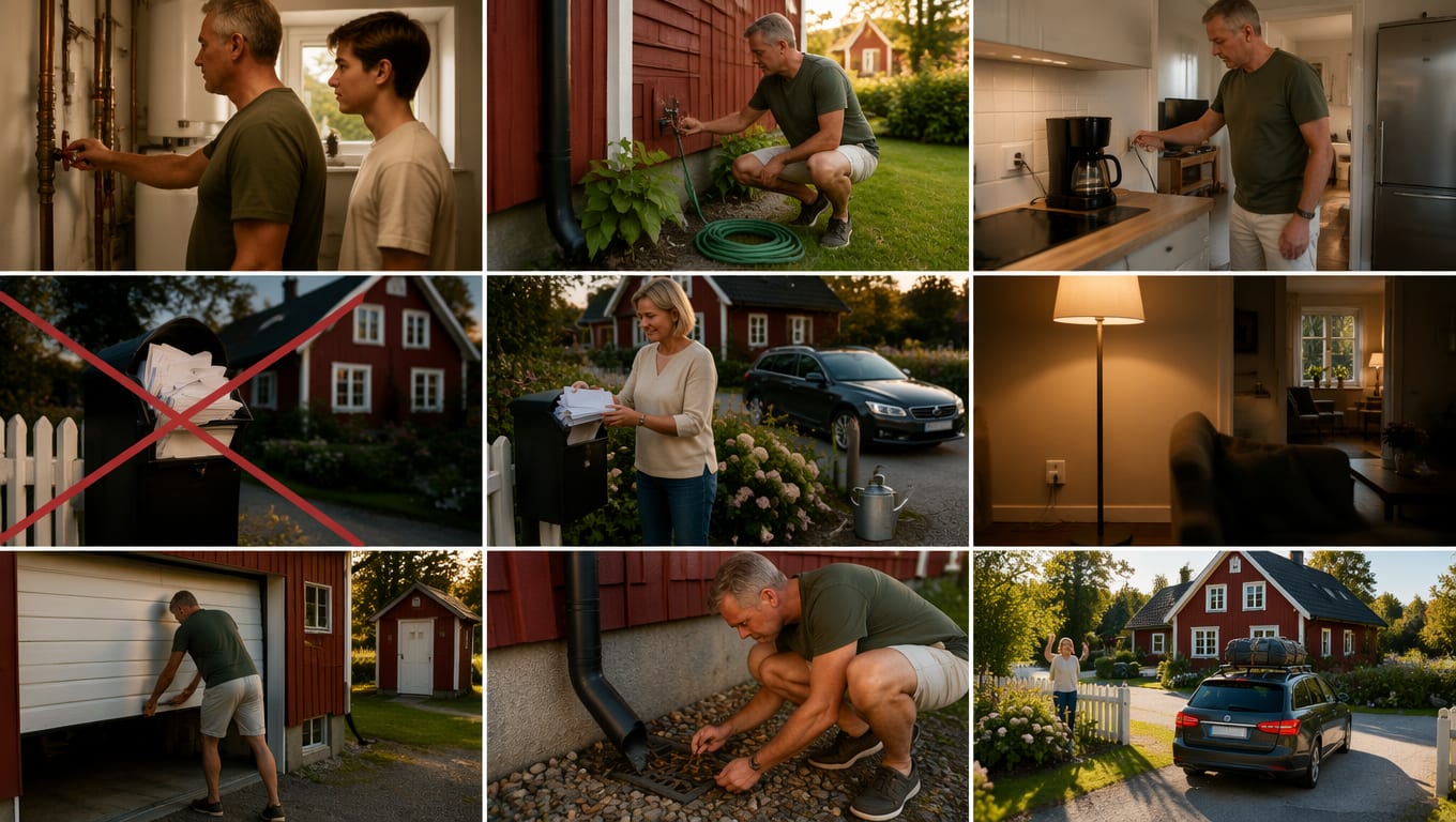 Feriesikring av boligen i ni bilder: hovedstoppekranen stenges mens et familiemedlem ser på, utekranen stenges med hageslangen koblet fra, kaffetrakterens støpsel trekkes ut på kjøkkenet, overfylt postkasse merket med rødt kryss, nabo som tømmer postkassen med bil parkert i innkjørselen, tent stålampe i en ellers mørk stue, garasjeporten lukkes, risten ved taknedløpet renses for rusk, og avreise med ferdigpakket bil med takboks.