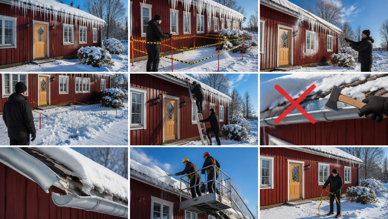 Fjerning av istapper i ni bilder: store istapper henger fra takkanten over inngangen, området under sperres av med sperrebånd på stolper, istappene slås ned fra bakken med en lang stang mens personen står til siden, nedfallen is ligger på bakken innenfor avsperringen, én person står i stigen mens en hjelper holder den, et rødt kryss viser at is ikke skal hakkes løs fra takrenna med øks, en takrenne er bøyd og revet løs av isen, fagfolk med hjelm og fallsikring fjerner is fra lift, og en person sikrer inngangspartiet med sperrebånd.