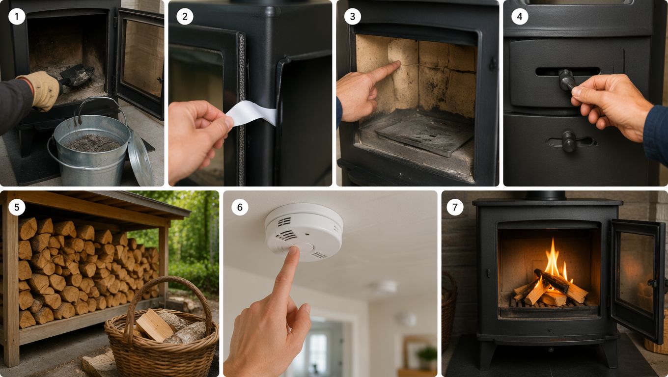 Klargjøring av vedovn i sju nummererte bilder: aske tømmes i metallbøtte, dørpakningen testes med papirstrimmel, ildfast stein inspiseres for sprekker, trekkventilen prøves, tørr ved i stabel og kurv, røykvarsler testes, og ovnen brenner med friske flammer.