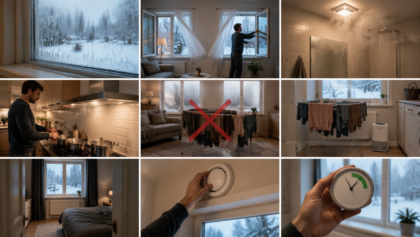 Tiltak mot kondens på innsiden av vinduene i ni bilder: dugg og vanndråper på innsiden av et vindu, en mann lufter med vidåpne vinduer og gjennomtrekk, avtrekksvifta i taket går på et dampfylt bad, matlaging med kjøkkenvifta på, tørkestativ med klær i stua foran duggete vinduer merket med rødt kryss, tørkestativ ved siden av en avfukter, et soverom med radiator under vinduet, en hånd åpner en rund friskluftventil over vinduet, og en hånd holder et hygrometer med grønt felt på skiven.