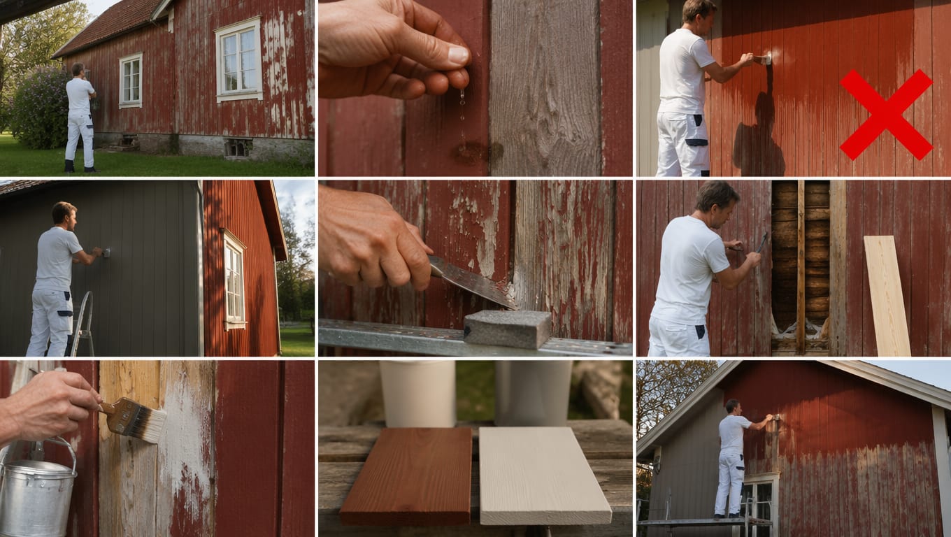 Utvendig maling av hus i ni bilder: en flassende rødmalt trefasade inspiseres, en hånd kjenner etter fukt på et vått, grånet panelbord, et rødt kryss markerer maling i sterk sol rett på flassende vegg, fasaden vaskes, løs maling skrapes bort med skrape og slipekloss, et råteskadet bord er fjernet og et nytt ligger klart, bart treverk grunnes med bred pensel, to ferdigmalte prøvebord sammenlignes ved produktvalget, og veggen males ovenfra og ned fra stillas.