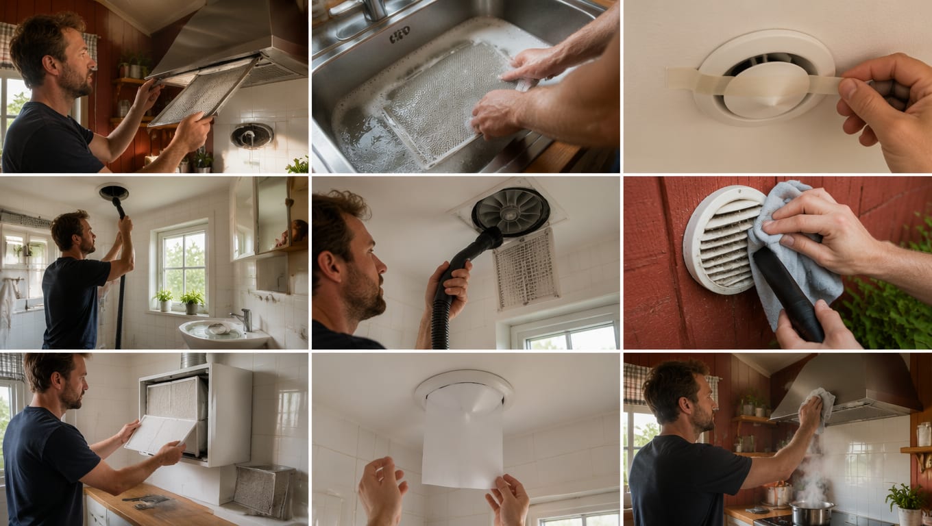 Rens av ventiler og avtrekk i ni bilder: fettfilteret tas ut av kjøkkenavtrekket, filteret vaskes i såpevann i oppvaskkummen, ventilens posisjon merkes med teip, avtrekksventilen i taket på badet støvsuges, viftehjul og rist i baderomsvifta støvsuges, friskluftventilen på ytterveggen rengjøres med klut og støvsuger, filteret i ventilasjonsaggregatet byttes, et papirark holdes mot takventilen for å teste avtrekket, og avtrekkshetten tørkes av mens en gryte damper på komfyren.
