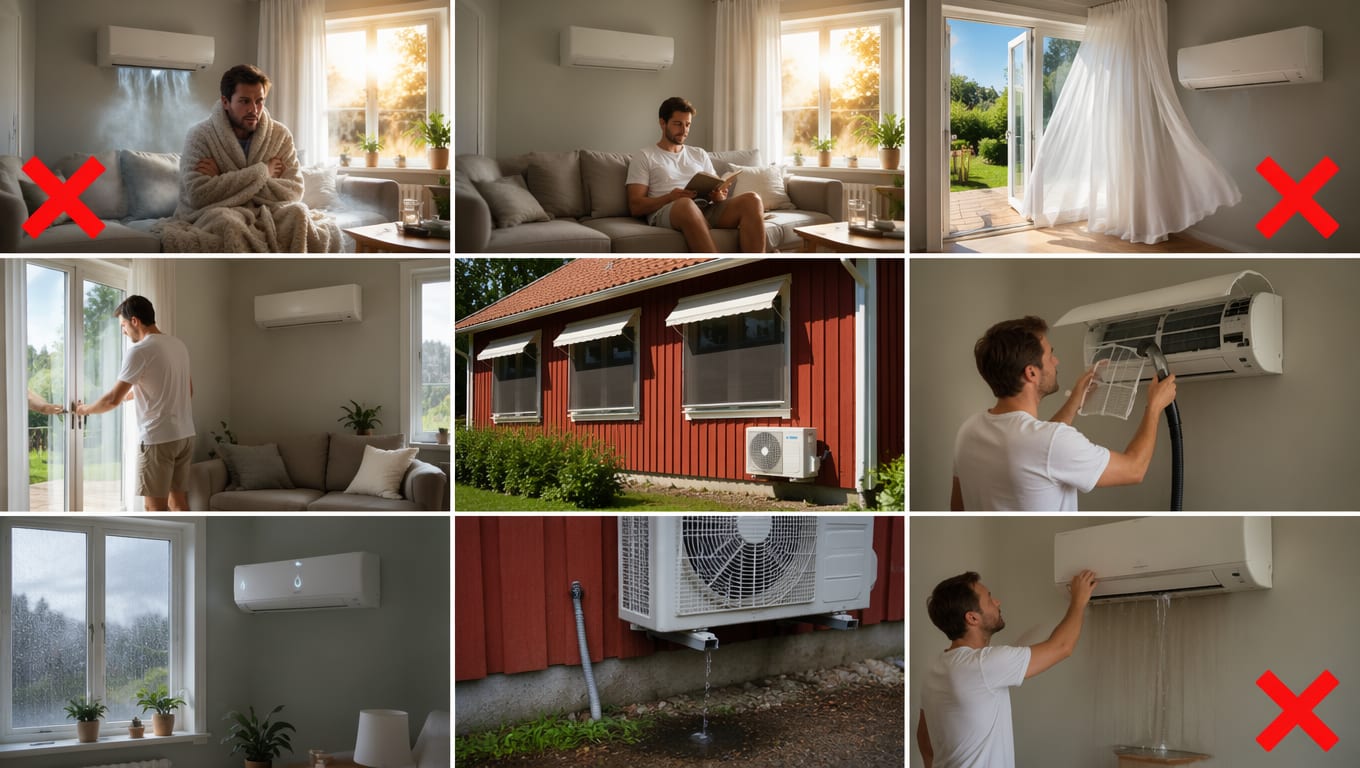 Varmepumpe som kjøling i ni bilder: mann som fryser i pledd under innedelen, merket med rødt kryss, mann som sitter komfortabelt i sofaen mens pumpa kjøler, åpen hagedør med blafrende gardin, merket med rødt kryss, mann som lukker terrassedøren, hus med markiser over vinduene og utedel ved veggen, filteret i innedelen støvsuges, innedel med lysende dråpesymbol en regnværsdag, dreneringsslange som drypper ved utedelen, og innedel som drypper vann inne i rommet, merket med rødt kryss.