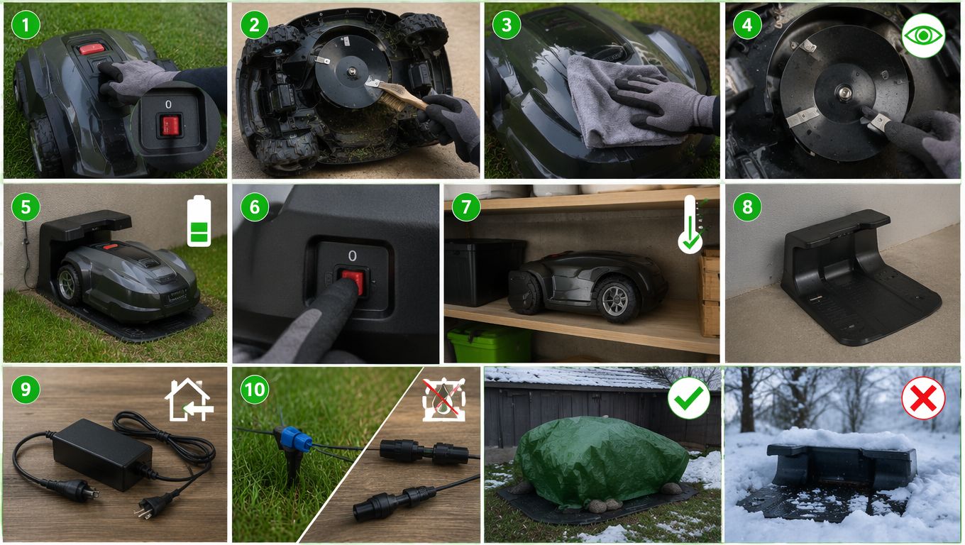 Vinterlagring av robotklipper i ti nummererte bilder: klipperen slås av med hovedbryteren, undersiden børstes ren, dekselet tørkes, knivene sjekkes, batteriet lades fullt, av-bryteren, lagring på hylle frostfritt, ladestasjonen, laderen tas inn, og kabelkontakter beskyttes — med grønn hake for tildekket ladestasjon og rødt kryss for stasjon i snø.